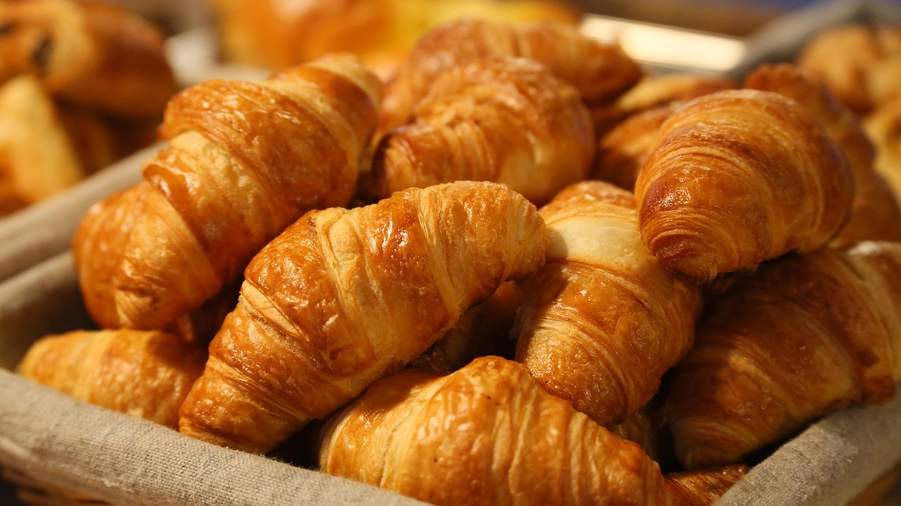 Basket piled with golden butter croissants